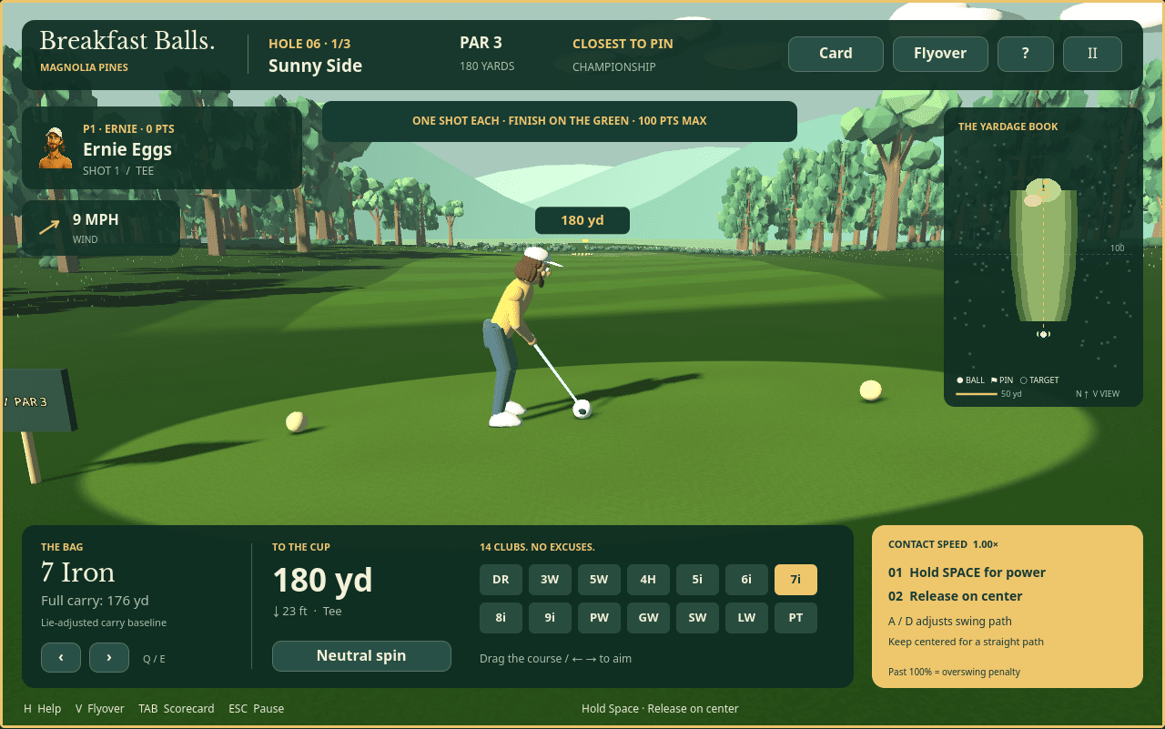 A golfer lines up a tee shot on the pine-lined fairway at Magnolia Pines in Breakfast Balls.